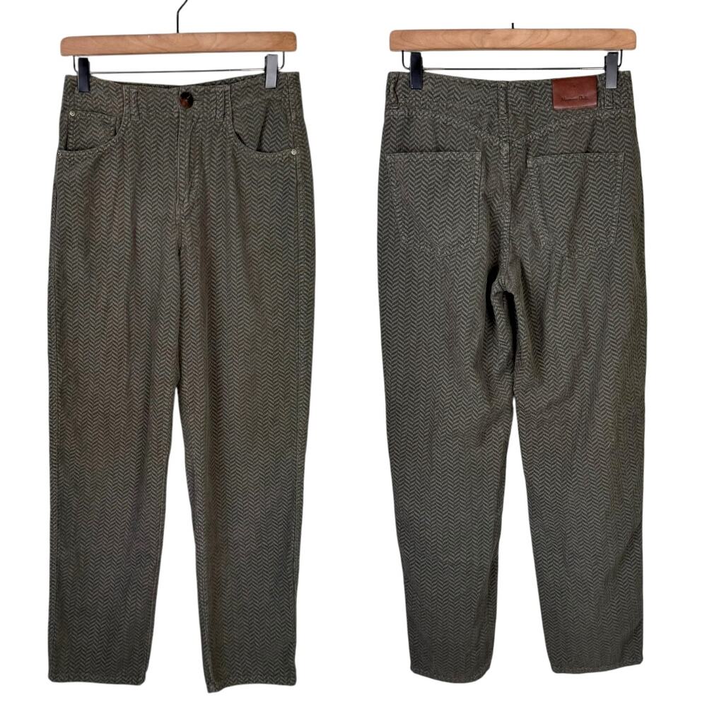 Massimo Duti Olive Green Corduroy Chevron Print High Waist Straight Leg Pants